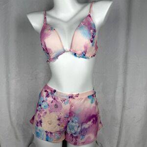 Vintage La Perla‎ Silk Floral Lounge Set Bralette Tap Shorts M L 36/10 Italy